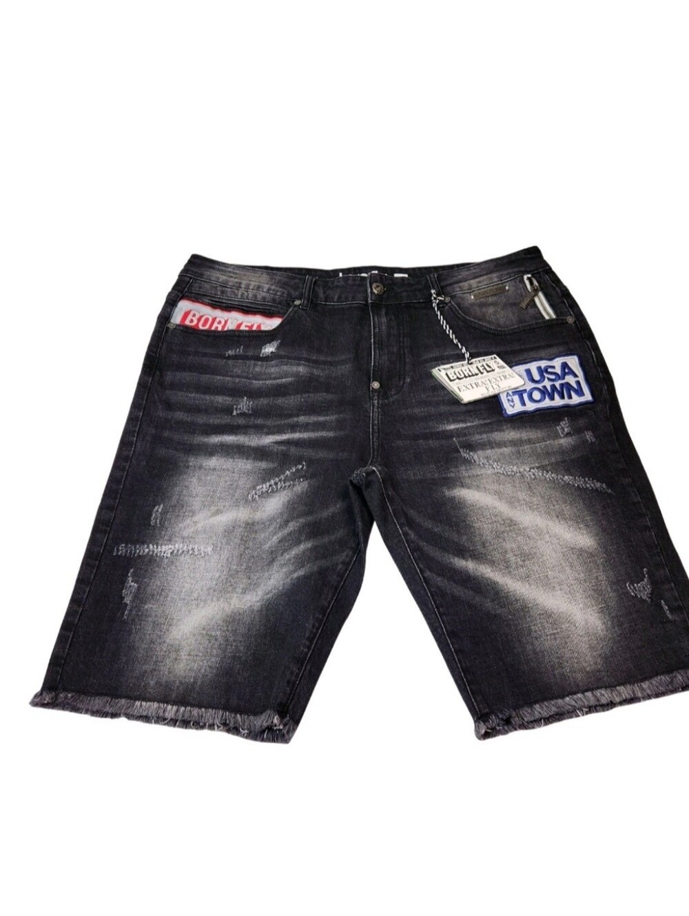 Born Fly Mens Size 36 Shorts Denim Distressed Cutout Patch Design Black Wash 04 - Picture 9 of 14